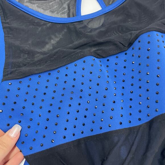 Gracia Dress Womens Medium Blue Black Mesh Rhinestone Studded Fit Flare Mini - Picture 10 of 10